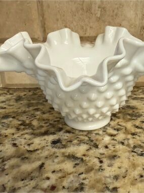 Fenton White Hobnail Ruffled Milk Glass Vase